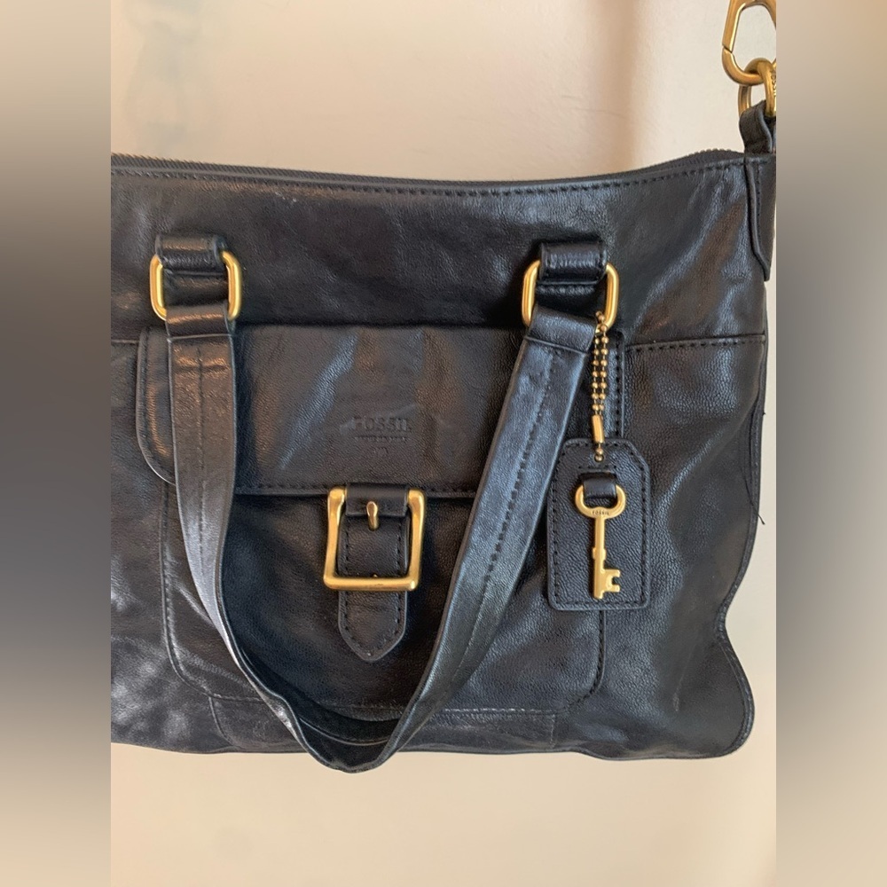 Fossil Becca Crossbody Satchel Bag Leather Black Brass crossbody Handbag - Picture 4 of 12